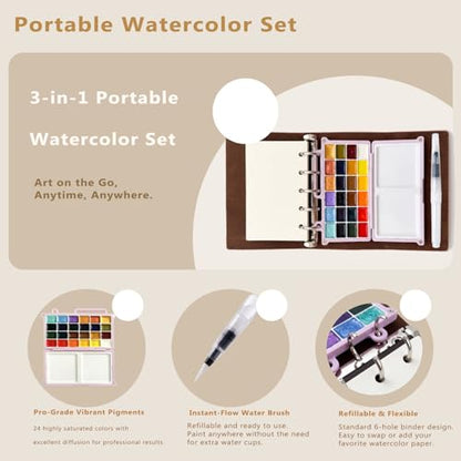 DarkWish Premium Mini Travel Watercolor Sketchbook Set - 24 Colors & Water Brush, PU Leather Urban Sketching Pocket Art Pad with 300gsm Black/White Paper, Plein Air Gift for Adults (Pink) - color: Pink