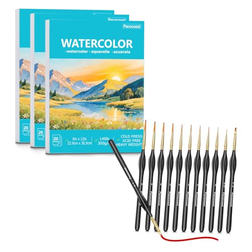 9"X12" Watercolor Paper - Pack of 3 (60 Sheets) & 12PC Multi-Size Triangular-Handle Miniature Detail Brushes Set,Premium Art Supplies for Watercolor, Acrylic, Gouache, Fine Detailing & Paint