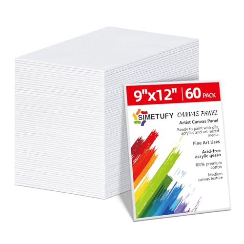 Simetufy 9 x 12 inch 60 Pack Painting Canvas Boards- Gesso Primed Acid-Free 100% Cotton Canvas Panels for Acrylics Oil Watercolor Tempera Paints - size: 9"x12"- 60 pack