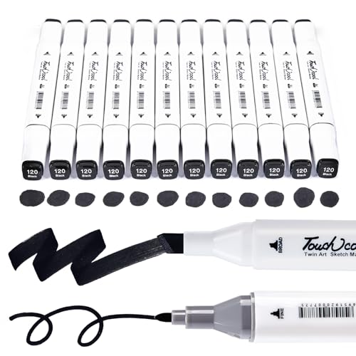 12Pcs Alcohol Markers Pure Color Series,Chisel & Fine Dual Tip Art Solid Color Markers Set for Adults Beginner Drawing Sketching Illustration (Black) - color: Black