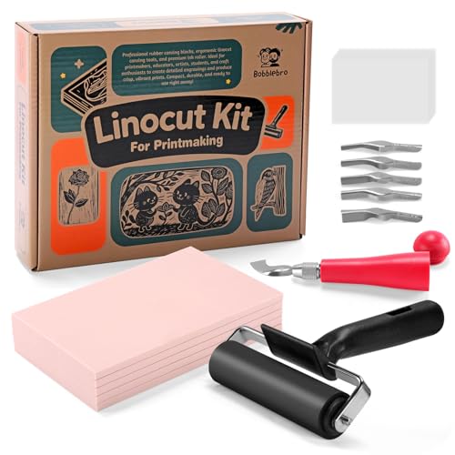 Bobblebro Linocut Kit for Printmaking with 5PCS 4"x6" Soft Rubber Linoleum Blocks, Brayer & Carving Tools – Block Printing & Stamp Making Supplies for Beginners & Artists