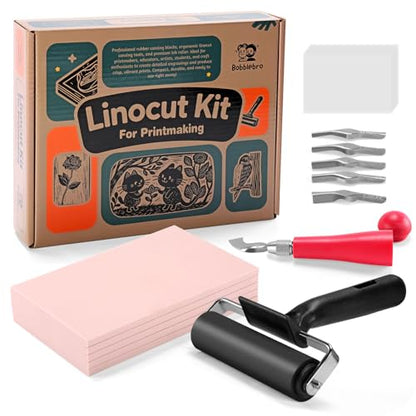 Bobblebro Linocut Kit for Printmaking with 5PCS 4"x6" Soft Rubber Linoleum Blocks, Brayer & Carving Tools – Block Printing & Stamp Making Supplies for Beginners & Artists