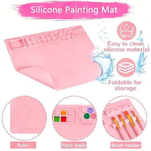 Elisel Painting Station,5 IN 1 Art Paint Supplies Kits,Paint Brush Cleaner (Upgraded),Silicone Painting Mat 12 Colors Paint Set,10 Paint Brushes,Painting Apron for Kids Artist Beginners (Pink, 5) - color: Pink