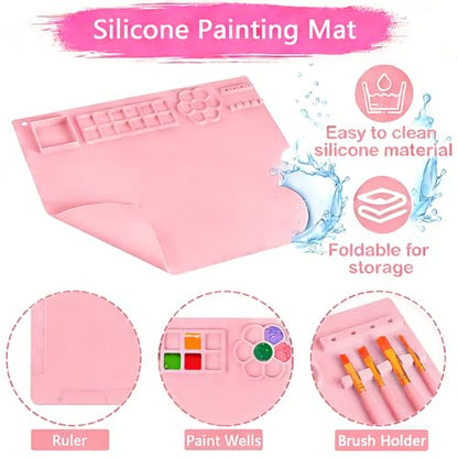 Elisel Painting Station,5 IN 1 Art Paint Supplies Kits,Paint Brush Cleaner (Upgraded),Silicone Painting Mat 12 Colors Paint Set,10 Paint Brushes,Painting Apron for Kids Artist Beginners (Pink, 5) - color: Pink