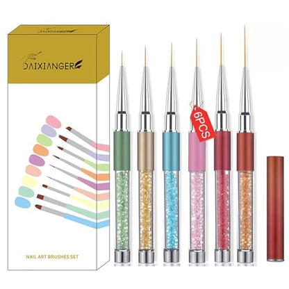 6Pcs Rhinestone Handle Ultra-Fine Nail Liner Brush Set - Professional Striping Brushes for Intricate Nail Art, Multi-Color Crystal Handle Gel Polish Liner Brushes for Salon & DIY Manicure Detailing - color: 6PCS Liner Brush