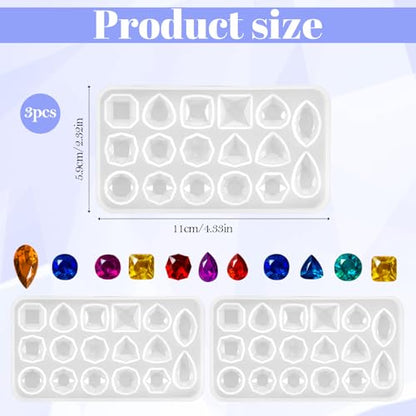 3PCS Gemstone Silicone Mold, Cabochon Gem Jewelry Silicone Mold, Faceted Gemstone Silicone-Molds for Polymer Clay, Resin, Epoxy, Jewelry Casting Molds for DIY Crafting, Earring, Pendant, Necklace