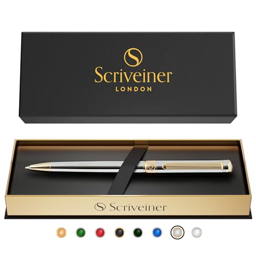 Scriveiner Silver Chrome Ballpoint Pen - Stunning Luxury Pen, Real Gold Plating, Schmidt Black Refill, Best Ball Pen Gift Set for Men & Women, Professional, Executive, Office, Nice, Fancy Pens - color: 2. Silver Chrome with Gold