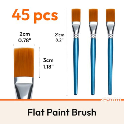 JEAWIWI 45 PCS Acrylic Paint Brushes Set, Flat Artist Paintbrushes 30mm, Oil Watercolor Face Paint Brushes for Rock, Face Art, Canvas, Body, Blue - size: 45 PCS