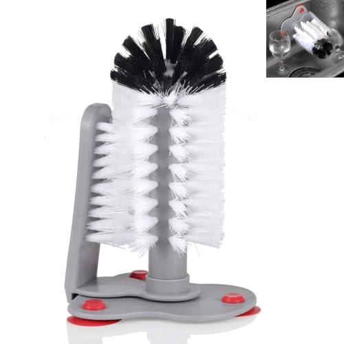 360° Glass Cup Cleaning Brush, Water Bottle Cleaning Glass Washer Cup Sink Washer Brush with Suction Base Bristle Brushfor Sink, Flexible Bristles Double Sided Glass Cup Cleaning Brush (Black+White)