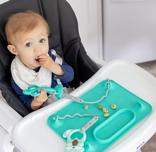 BUSY BABY Silicone Mat - NEW and Improved Suction Cups, 4 Straps to Secure Baby Essentials, Self Feeding, Baby Led Weaning, Travel Sleeve Included (Pewter) - color: Pewter