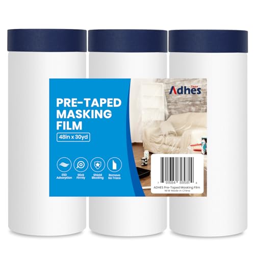 ADHES Painters Plastic with Tape, 48 inch x 90 feet x 3 Rolls Painters Tape with Plastic Attached, Pre Taped Masking Film Tape and Drape for Automotive Painting Covering - size: 48inch