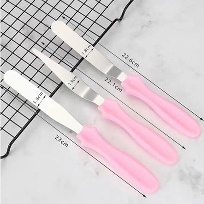 Cake Cream Spatulas, 3 Pieces of Cake Angled Spatula with Stainless Steel, Professional Cake Decorating, Pastry & Baking, Icing Frosting Cream Chocolate Cake Spatula (3pcs Pink) - color: 3 Pcs Pink