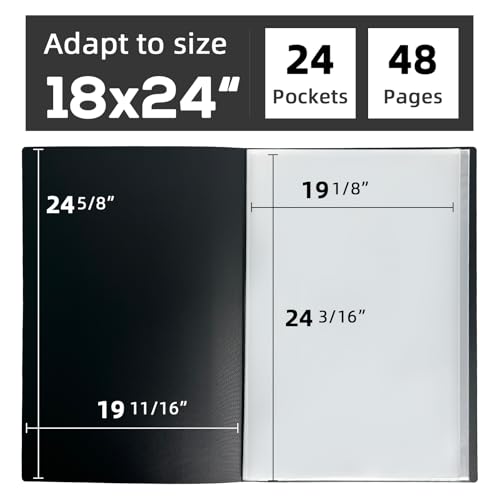 JJRING 18x24 Art Portfolio Folder with Plastic Sleeves, 24-Pocket Portfolio Binder Displaying 48 Pages, Presentation Book with Black Inner Paper for Artwork Storage, Black - size: 18*24