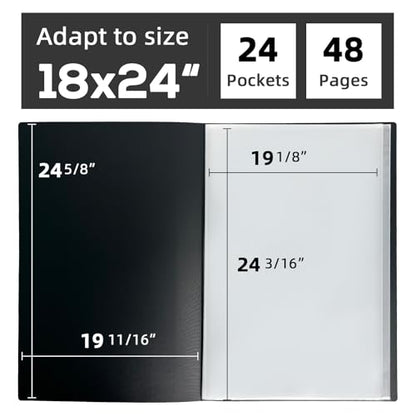 JJRING 18x24 Art Portfolio Folder with Plastic Sleeves, 24-Pocket Portfolio Binder Displaying 48 Pages, Presentation Book with Black Inner Paper for Artwork Storage, Black - size: 18*24