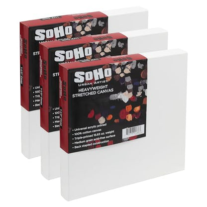 SoHo Urban Artist, 10x10 Heavyweight Stretched Cotton Canvas for Painting - 1.5" Deep- 3 Pack, Triple Primed, 100% Cotton Canvas, Archival, Universal Primed for Oil, Acrylic, Alkyd, Mixed Media - size: 10"x10"