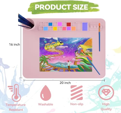 Silicone Painting Mat, 20"x 16" Silicone Art Mat with Cup, Kids Painting mat for Resin, DIY, Drawing Resin, Paint, Clay， Large Craft Art Mat, (Pink) - color: Pink