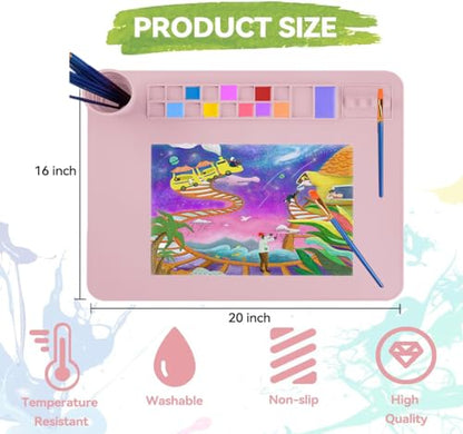 Silicone Painting Mat, 20"x 16" Silicone Art Mat with Cup, Kids Painting mat for Resin, DIY, Drawing Resin, Paint, Clay， Large Craft Art Mat, (Pink) - color: Pink
