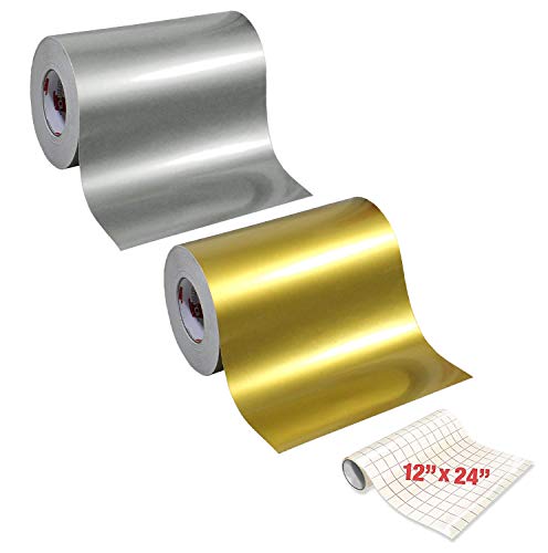 ORACAL 651 2 Color Combo Pack Adhesive Craft Vinyl 12 Inches x 24 Inches Roll Bundle Including 12 Inch x 24 Inch VViViD Transfer Paper (Silver/Gold Metallic) - color: Silver/Gold Metallic