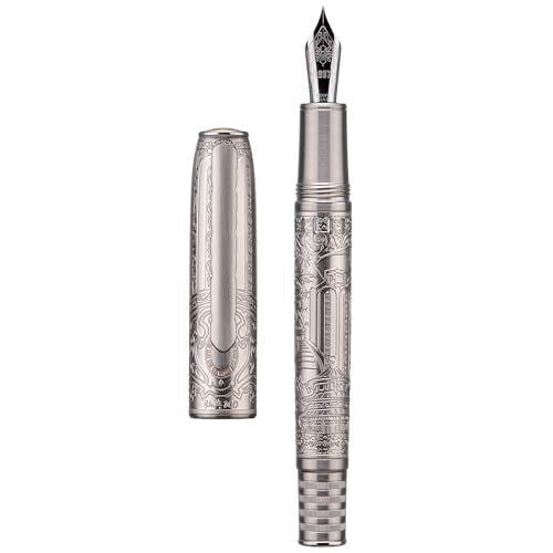 Hongdian 100 Piston Fountain Pen Silver Steel, Iridium Medium Nib Calligraphy Pen, Smooth Writing Pen with Pen Case Set - color: Silver-100, style: Medium Point