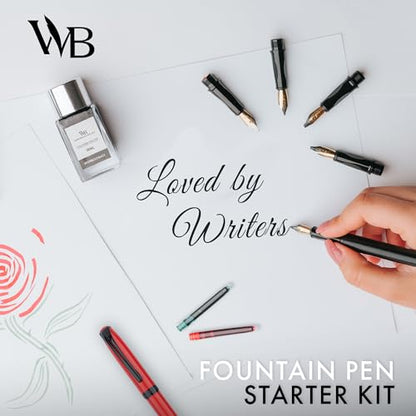 Wordsworth and Black Fountain Pen Set - Black - Includes 2 Pens, 18 ML Ink Bottle, 60 Ink Cartridges, A Refill Converter, 1 Medium and 4 Broad Nibs, Brush Pen - Fountain Pen Kit for Beginners - color: Red and Black