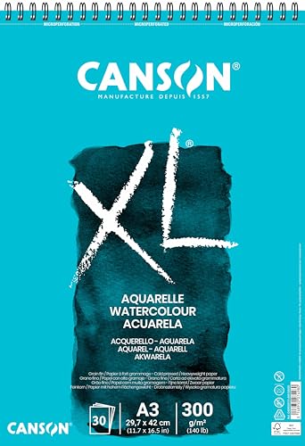 CANSON XL Watercolour 300gsm A3 Paper, Cold Pressed, Spiral Pad Short Side, 30 White Sheets, Ideal for Professional Artists - size: A3