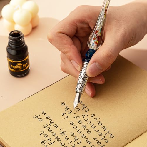 HUIOP Quill Pen,Retro Glass Dip Ink Pen Set Vintage Quill Pen Calligraphy Crystal Writing Signature Ink Dipped Pen with 2 Nibs & Pen Holder in Gift Box for Handwriting Student Friends Lovers