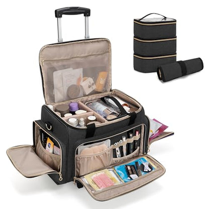 LUXJA Rolling Makeup Case with 3 Removable Pouches and 1 Makeup Brush Bag, Large Makeup Bag Cosmetic Bag with Detachable Dolly (Patented), Black - color: Black