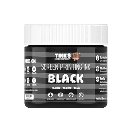 Tinks® Screen Printing Ink - Black - 8oz Water-Based Fabric Ink - Screen Printing, Stenciling, Tote Bags & Fabric Stamping - Non-Toxic, No Harsh Fumes, Soap & Water Cleanup - Made in California - color: Black