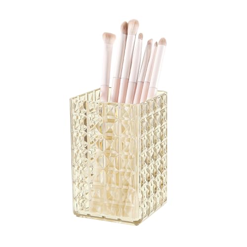 DASITON Makeup Brush Holder Organizer, Acrylic Makeup Brush Cup, Diamond Striped Make Up Brush Holder for Vanity, Bathroom Countertop, Toothbrush Holders, Pen Holder for Desk Storage (Yellow) - color: Yellow