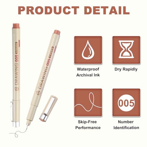 MECCANIXITY 005 Fineliner Ink Pens, 6Pcs 0.2mm Brown Micro Pens with Waterproof Archival Ink for Watercolor Sketching Cartoon Technical Drawing - style: 005#