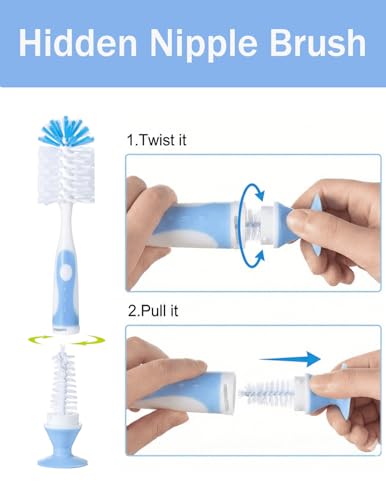 Baby Bottle Brush Set, Bottle Cleaner,2Pcs Bottle Brush with Stand, 2 Hidden Nipple Brush, 2 Straw Brush, 1 Lid Brush, Nylon Bottles Brush Cleaner for Baby Bottle, BPA-Free(Blue) - color: Blue-nylon & Nylon Brush