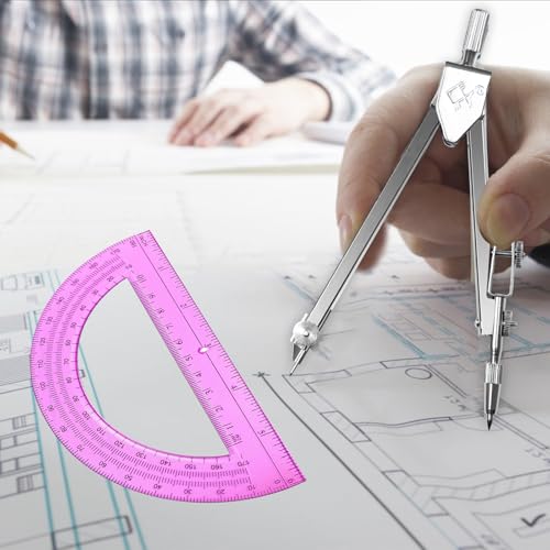 Students Geometry Math Set, Drawing Compass and 6 Inch Transparent Swing arm Protractor 180 Degree Math Protractor (Pink) - color: Pink