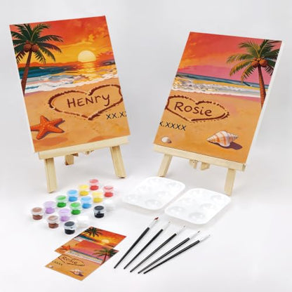 VOCHIC Sip and Paint Kit,Pre Drawn Canvas Couples Paint Party Kit Painting Art Set for Adults Date Night Sunset Beach 2 Pack (8 x 10 Inches, Beach and Heart) - size: 8x10, style: Beach and Heart