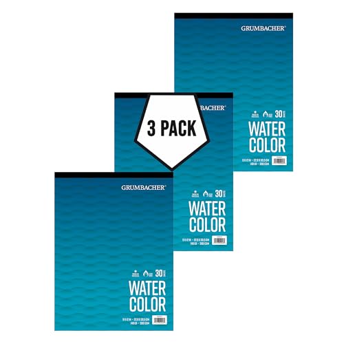Grumbacher 9" x 12" Cold Press Watercolor Paper Pad, 140 lb. / 300 GSM, Tape-Bound, 30 White Sheets/Pad, 3-Pack - size: 9" x 12", style: Tape-Bound