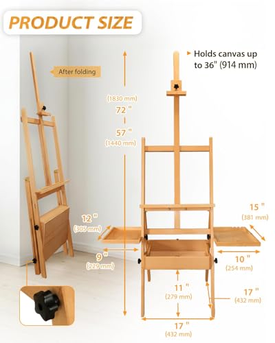 Foldable & Adjustable Wooden Art Easel with Storage Drawer Trays,Beech Wooden Easel for Painting,Artist Easel Stand for Painting,Standing Wood Easel Stand for Adult Student Studio,Stand Up Floor Easel - style: Enhanced Easel