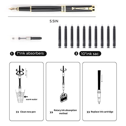 Tiankool Luxury Fountain Pen,Fine Nib, Exquisite Pen Gift Set for Men&Women-Includes 10 Ink Cartridges&Ink Converter- Nice Pens - Black - color: Black