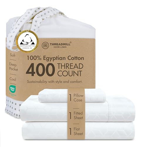 Threadmill Egyptian Cotton Twin XL Sheet Set | 100% Certified Egyptian Cotton Sheets for Twin XL Size Bed | Damask Jacquard Twin XL Bed Sheets Deep Pocket | Soft Hotel 3 Pc Cooling Sheet Set | White - color: Bright White Cadence, size: Twin XL