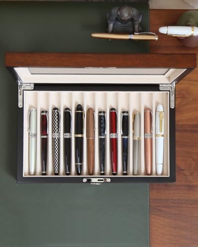 Fountain Pen Display Case with 12 Pens, Wood Pen Display Box, Lockable Pen Storage Box with Glass Top, Pen Box Organizer, Pen Collection Display Case (Brown with White Velvet) - color: Brown 12 Slots, White Velvet