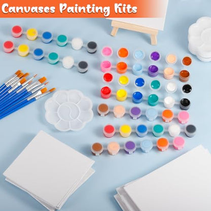 24Pack Mini Canvas Boards and Easel Paint Set,24Pcs Canvas and Easel,12 Colors Acrylic Paint Strips,48 Brushes,24 Palettes,Washable Acrylic Paint Set for Painting Crafts Party Favors (4" X 4") - color: 4" X 4"
