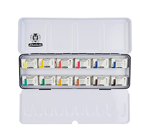 Schmincke - AKADEMIE Watercolor Paint Box, Basic Assortment 12 x 1/1 Pans, 75 312 097, Metal Box, Highly lightfast Colors, fine Artists' Watercolors