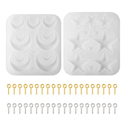 Craftdady 2Pcs Moon Star Pendant Silicone Mold Crescent Moon Resin Jewelry Casting Mold with Screw Eye Pin Peg Bails for DIY Resin Crafts Jewelry Making - color: Whtie, Star & Moon