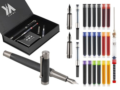 Fancy Fountain Pen Set – Fine & Medium Nibs, Includes 18 Ink Cartridges, Ink Converter, Syringe Filler, Luxury Gift for Writing, Journaling & Calligraphy，Black - color: Black