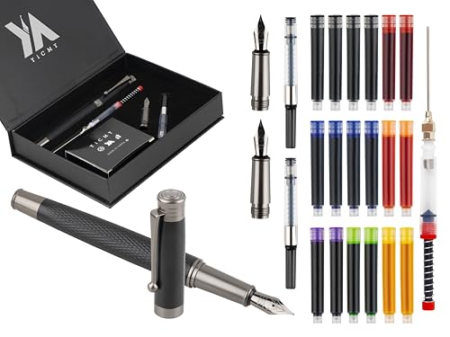 Fancy Fountain Pen Set – Fine & Medium Nibs, Includes 18 Ink Cartridges, Ink Converter, Syringe Filler, Luxury Gift for Writing, Journaling & Calligraphy，Black - color: Black