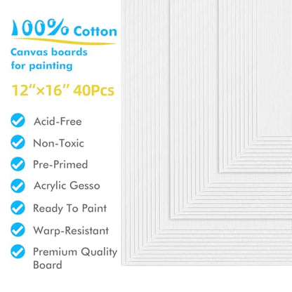 Gotideal Canvas Boards for Painting, 40pcs 12x16 Primed Canvas for Painting, Bulk Painting Canvas for Kids and Adults, White Blank Canvas Panels for Acrylic, Oil, Pour Art Supplies - size: 12x16 inch