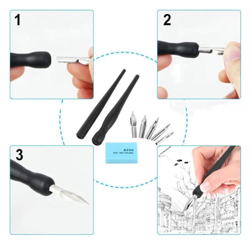 Estink Manga Cartoon Comic Dip Pen Set, Calligraphy Pens with 2 Pen Holders and 5 Replacement Nibs for Drawing Painting