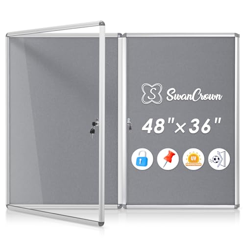 SWANCROWN 36x24 in Enclosed Bulletin Board, Wall Display Case, Pack of 2 | 6xA4, Tamperproof, Shatterproof, with Locking Door, Silver Aluminum Frame, Grey Felt Board for Wall, Office, School, Business - color: Sliver-g, size: 2 Pack 36x24 in
