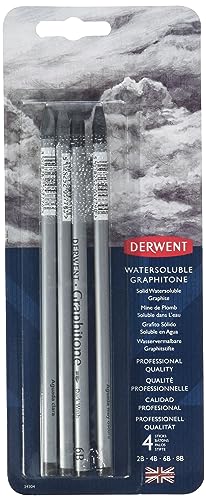 Derwent Watersoluble Graphitone Pencils, Fine Point, Black, 4 Pencils per Pack (34304)