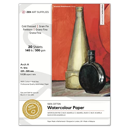 Watercolor Paper Block 9x12 in – ZenART 100% Cotton Watercolor Paper, Cold Pressed 140 lb / 300 GSM, Acid-Free, 20 Sheets, Thick Absorbent, Artist Grade for Water Color, Gouache and Other Wet Media - size: 9"x12" Arch A