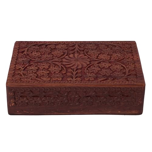 GURU JEE Handmade Indian Wood Jewelry Box Jewelry Organizer Keepsake Box Wooden Trinket Box Wood Wooden Jewelry Box Decorative Storage Organizer Intricate Carved - color: FLWD_8X5_R