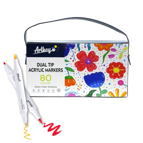 Artkey Acrylic Paint Markers 80 Colors, Dual Tip Acrylic Paint Pens with Brush and Fine Tips, Acrylic Markers Set for Rock Painting, Wood, Canvas, Glass, Ceramic, Stone, Fabric, Plastic, DIY Crafts - color: 80 Colors